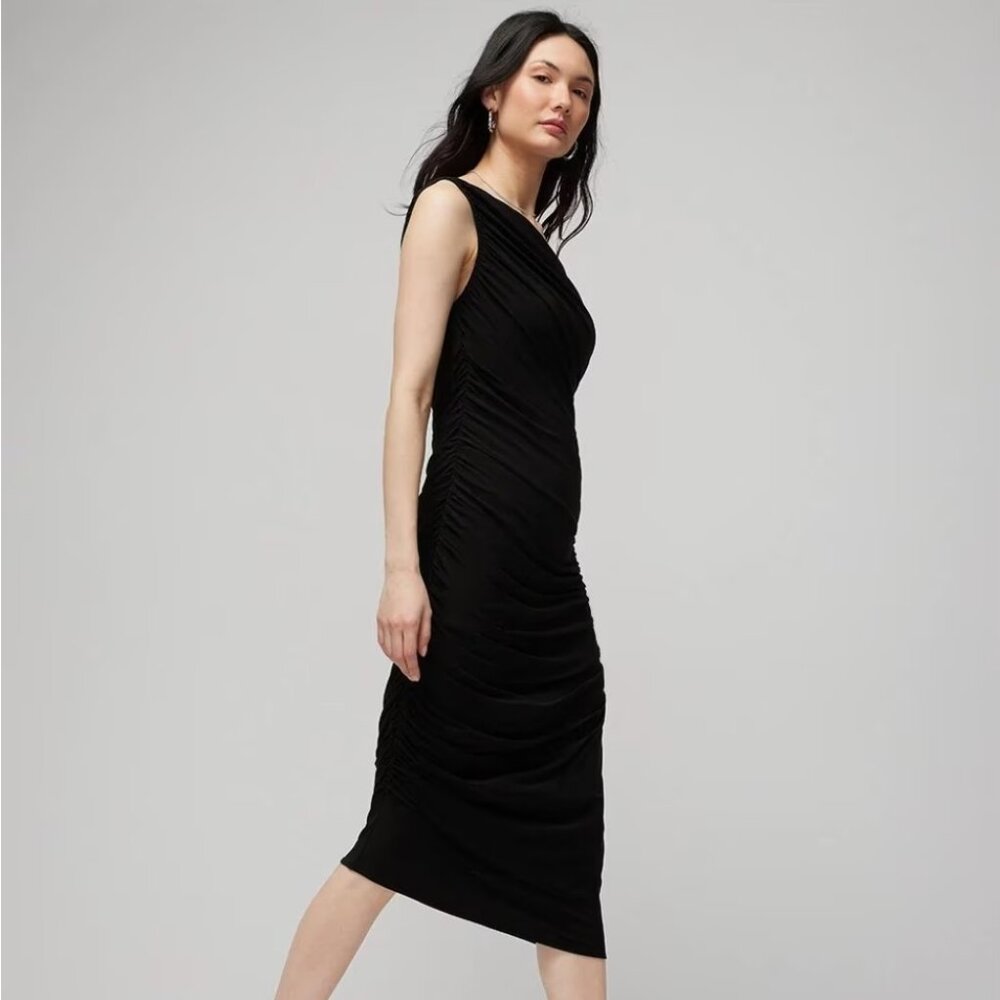 WHBM One-Shoulder Ruched Asymetrical Midi Dress